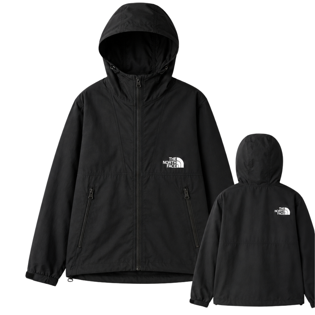 THE NORTH FACE ブラックのコンパクトジャケット 前面と背面