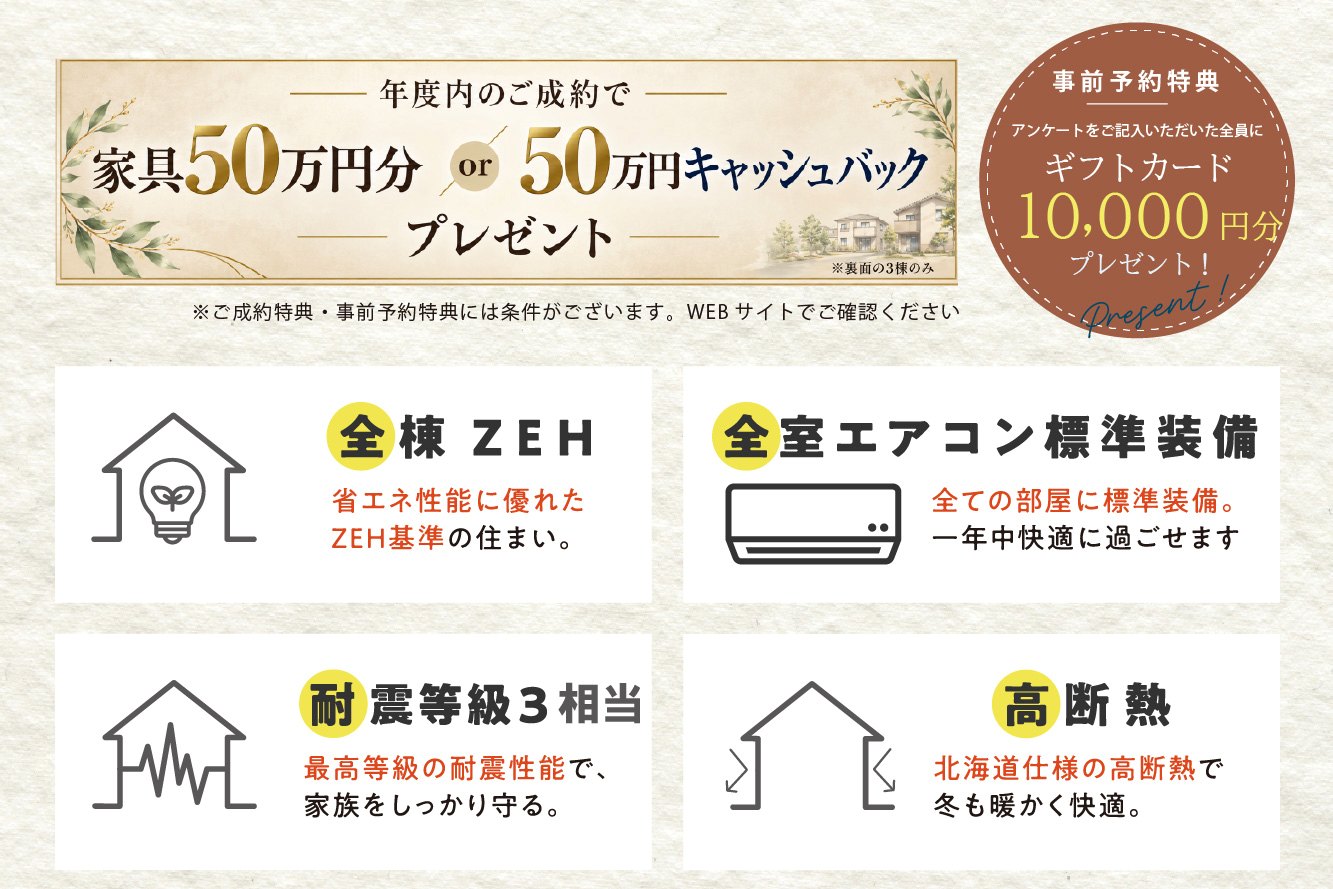 ご成約・事前予約特典と住まいの性能のご案内。特典には条件があります。